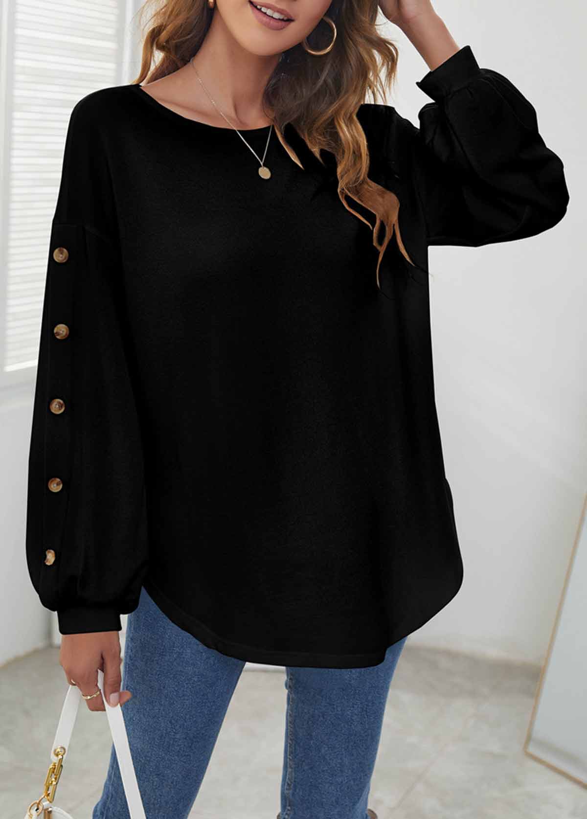 Black Decorative Button Long Sleeve T Shirt