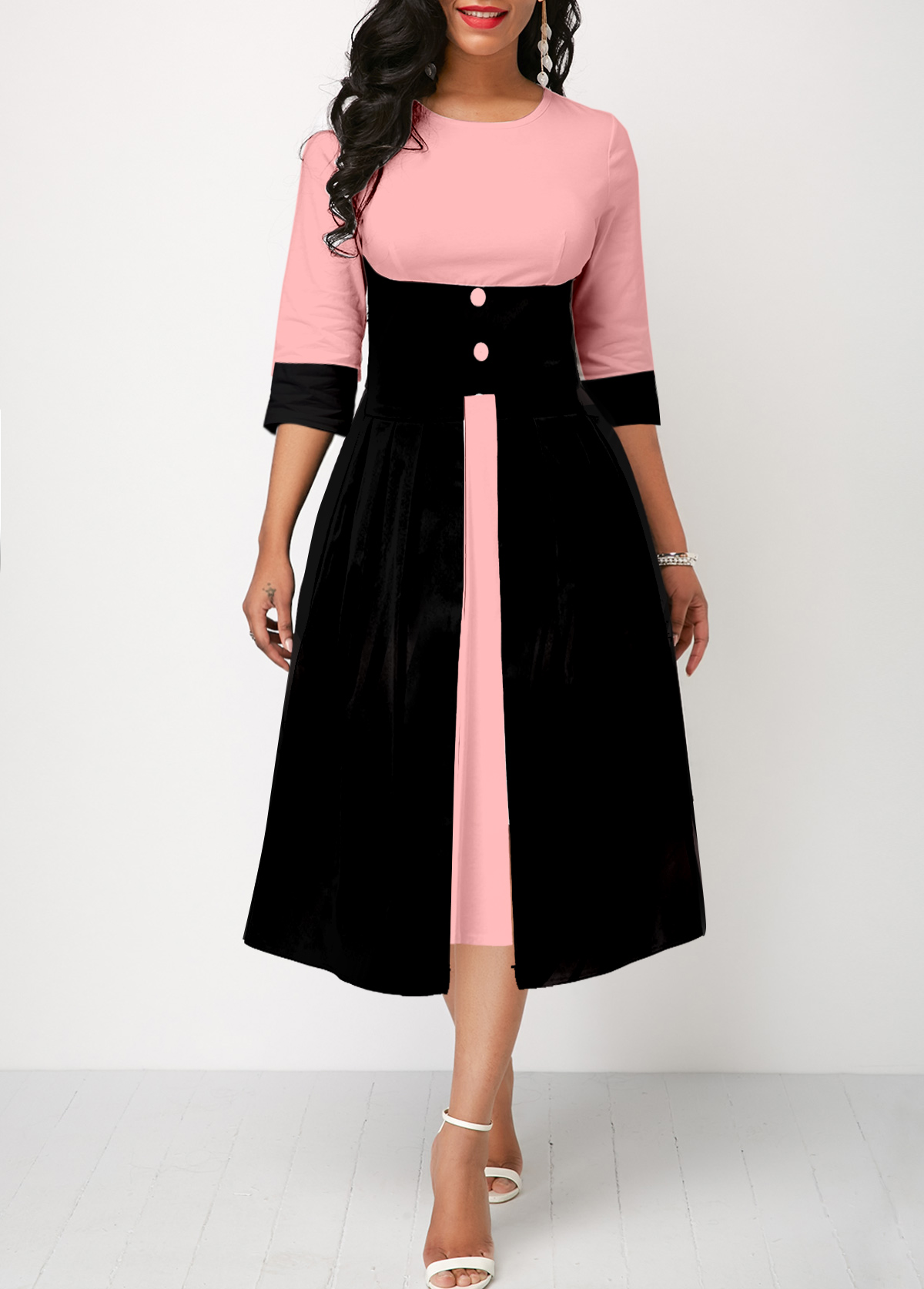 Pink High Waisted Faux Two Piece Round Neck Dress