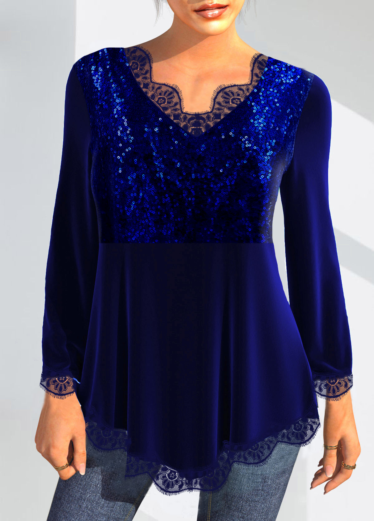Lace Velvet Stitching Royal Blue Sequin T Shirt
