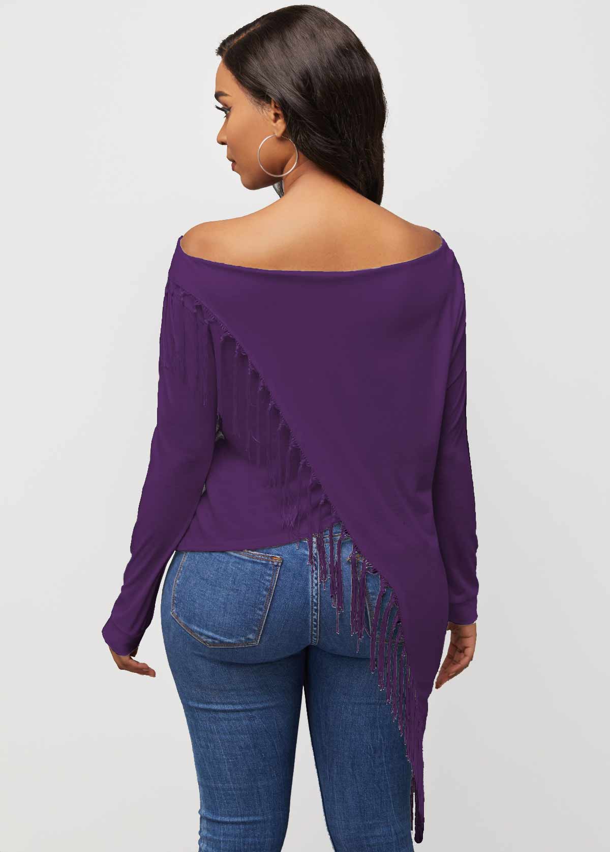 Tassel Asymmetric Hem Purple Off Shoulder T Shirt