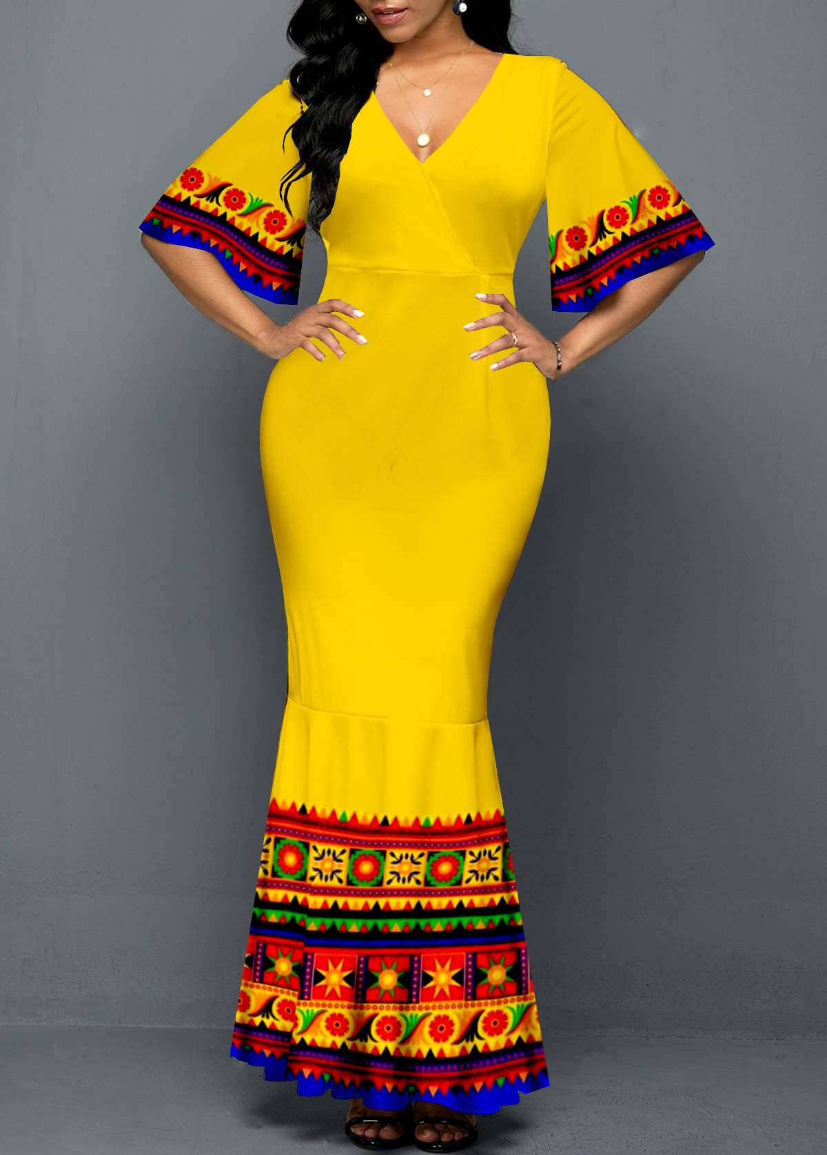 Tribal Print Yellow V Neck Butterfly Sleeve Mermaid Dress