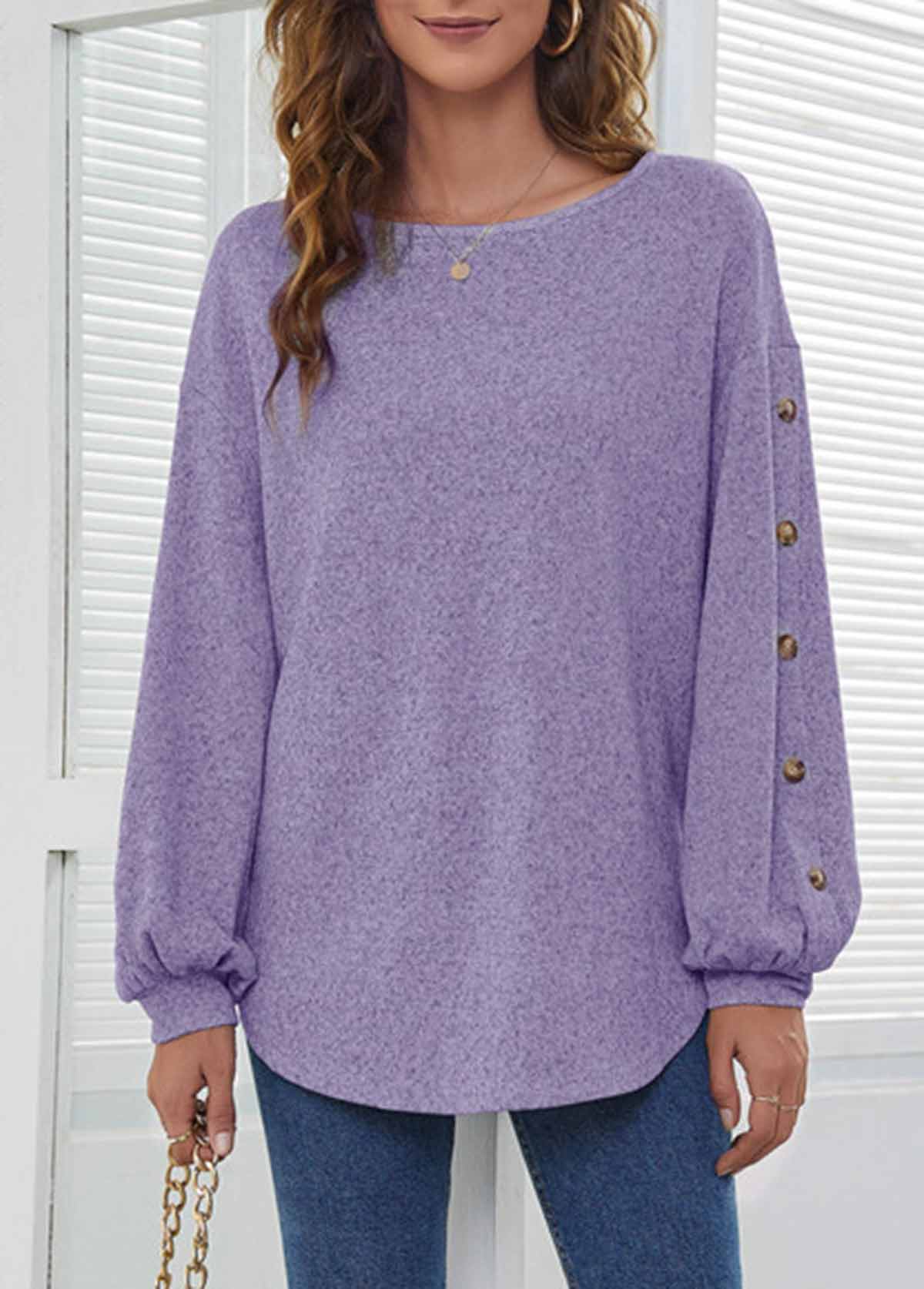 Purple Decorative Button Long Sleeve T Shirt
