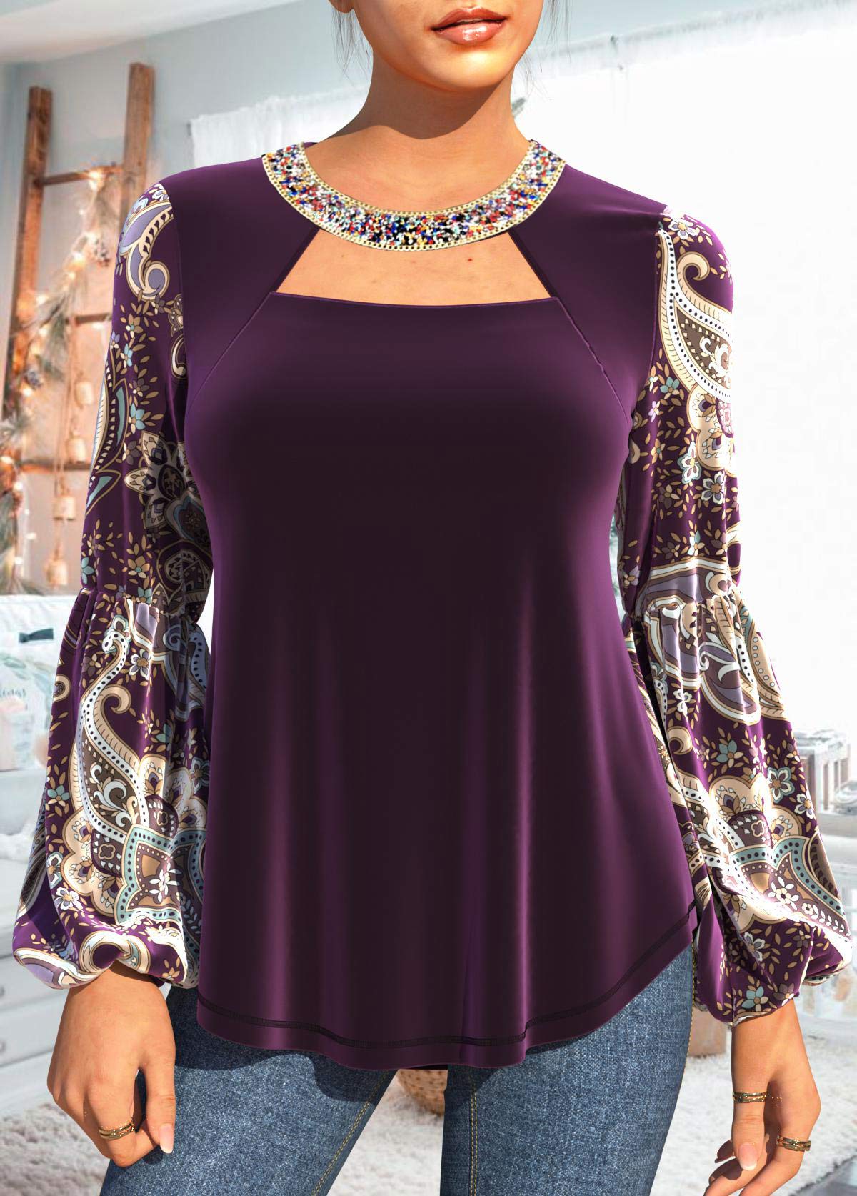 Embellished Neck Velvet Purple Paisley Print T Shirt