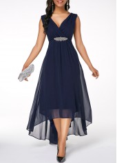 Sleeveless V Back High Low Navy Blue Dress