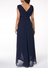 Sleeveless V Back High Low Navy Blue Dress