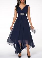 Sleeveless V Back High Low Navy Blue Dress