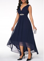 Sleeveless V Back High Low Navy Blue Dress