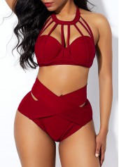 High Waist Cross Front Cage Neck Bikini Set
