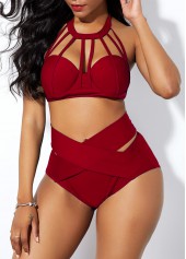 High Waist Cross Front Cage Neck Bikini Set
