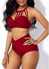 High Waist Cross Front Cage Neck Bikini Set