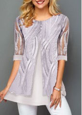 Embroidery Light Grey Half Sleeve Fake Two Piece Twinset