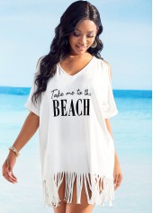 Cold Shoulder Letter Print Tassel Hem Cover Up