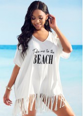 Cold Shoulder Letter Print Tassel Hem Cover Up
