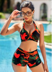 Camouflage Print Halter Mid Waist Bikini Set 