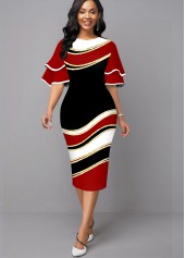 Layered Bell Sleeve Geometric Print Plus Size Dress