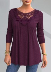 Lace Patchwork Round Neck Solid T Shirt