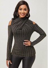 Cold Shoulder Long Sleeve Striped T Shirt