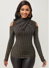 Cold Shoulder Long Sleeve Striped T Shirt