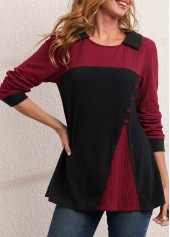 Decorative Button Contrast Long Sleeve T Shirt