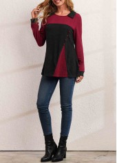 Decorative Button Contrast Long Sleeve T Shirt