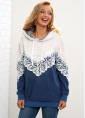 Color Block Lace Stitching Drawstring Detail Hoodie
