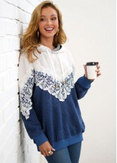 Color Block Lace Stitching Drawstring Detail Hoodie