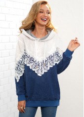 Color Block Lace Stitching Drawstring Detail Hoodie