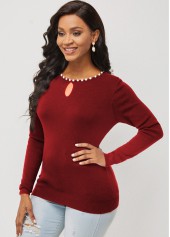 Pearl Detail Keyhole Neckline Wine Red Sweater