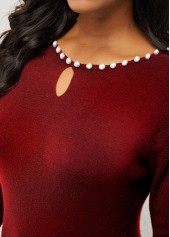 Pearl Detail Keyhole Neckline Wine Red Sweater