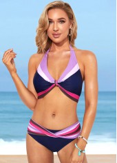 Color Block Tie Back Navy Blue Bikini Set