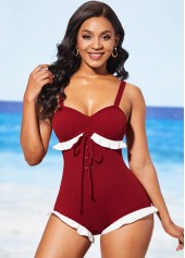 Lace Up Flounce Wine Red One Piece Swimwear