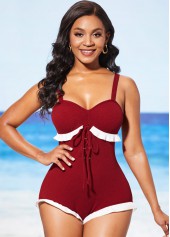 Lace Up Flounce Wine Red One Piece Swimwear