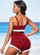 Lace Up Flounce Wine Red One Piece Swimwear