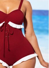Lace Up Flounce Wine Red One Piece Swimwear