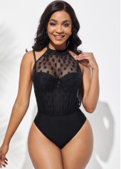 Mesh Stitching Polka Dot Black One Piece Swimwear