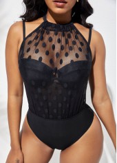 Mesh Stitching Polka Dot Black One Piece Swimwear
