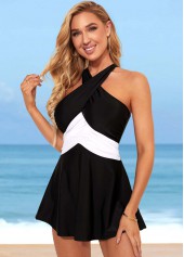 Color Block Cross Strap Black Swimdress Top-No Bottom