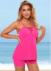 Spaghetti Strap Mesh Stitching Rose Red Tankini Set