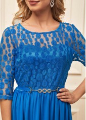 Lace Stitching 3/4 Sleeve Round Neck Blue Dress