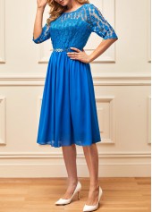 Lace Stitching 3/4 Sleeve Round Neck Blue Dress