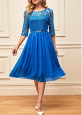 Lace Stitching 3/4 Sleeve Round Neck Blue Dress