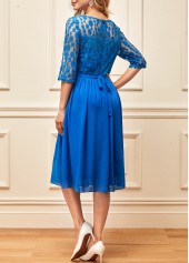 Lace Stitching 3/4 Sleeve Round Neck Blue Dress