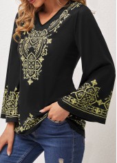 Tribal Print Black V Neck T Shirt