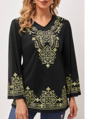 Tribal Print Black V Neck T Shirt