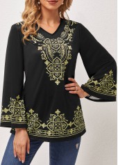 Tribal Print Black V Neck T Shirt