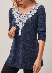 Dusty Blue Lace Patchwork Tie Front T Shirt
