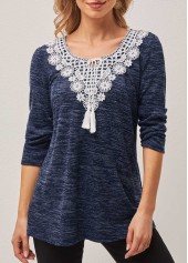 Dusty Blue Lace Patchwork Tie Front T Shirt