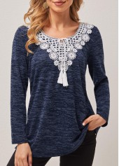 Dusty Blue Lace Patchwork Tie Front T Shirt
