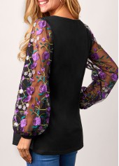 Mesh Embroidered Cross Strap Black Lantern Sleeve T Shirt