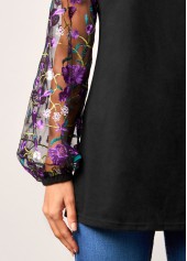 Mesh Embroidered Cross Strap Black Lantern Sleeve T Shirt